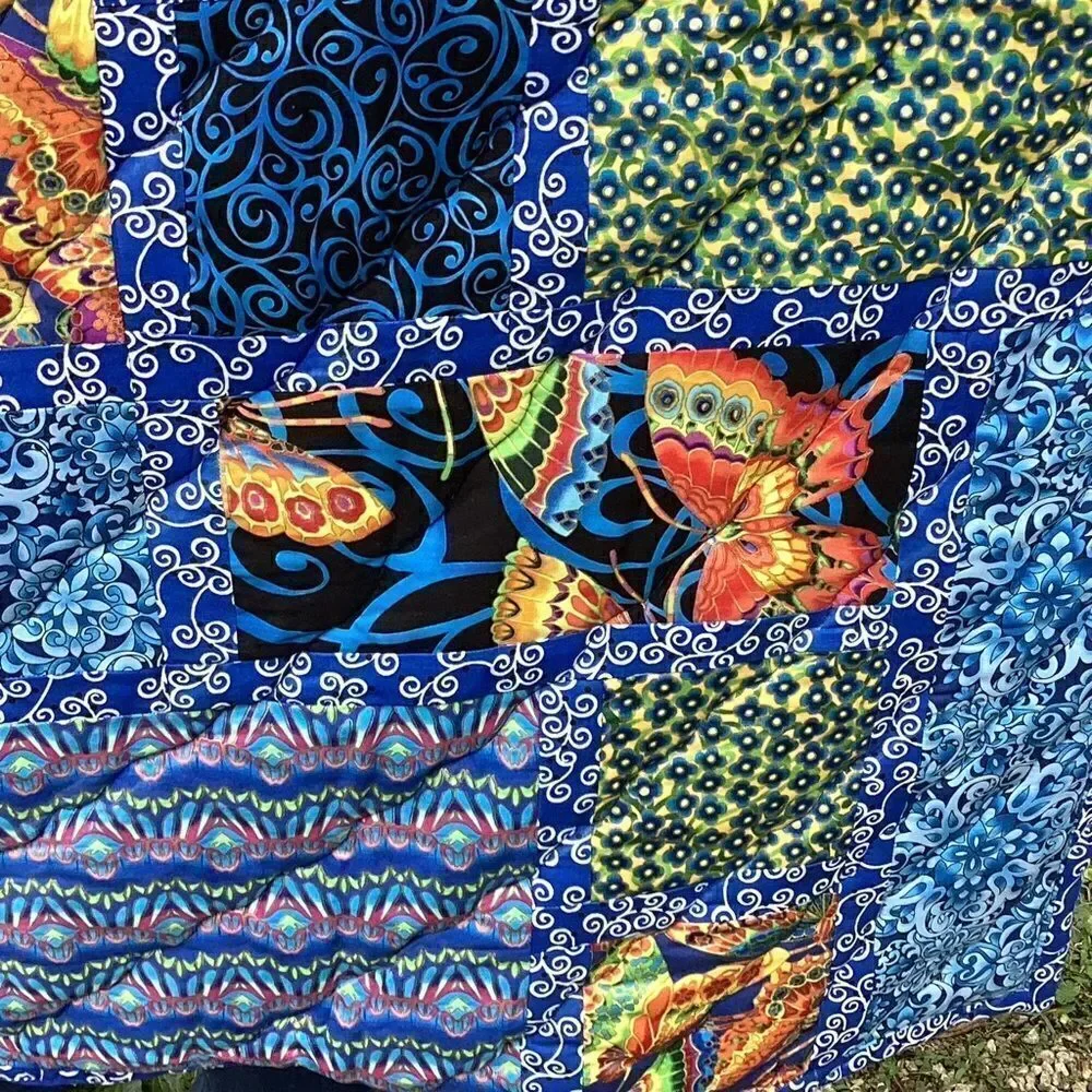 NWT. Hand Crafted Blue Butterflies Lap Quilt
